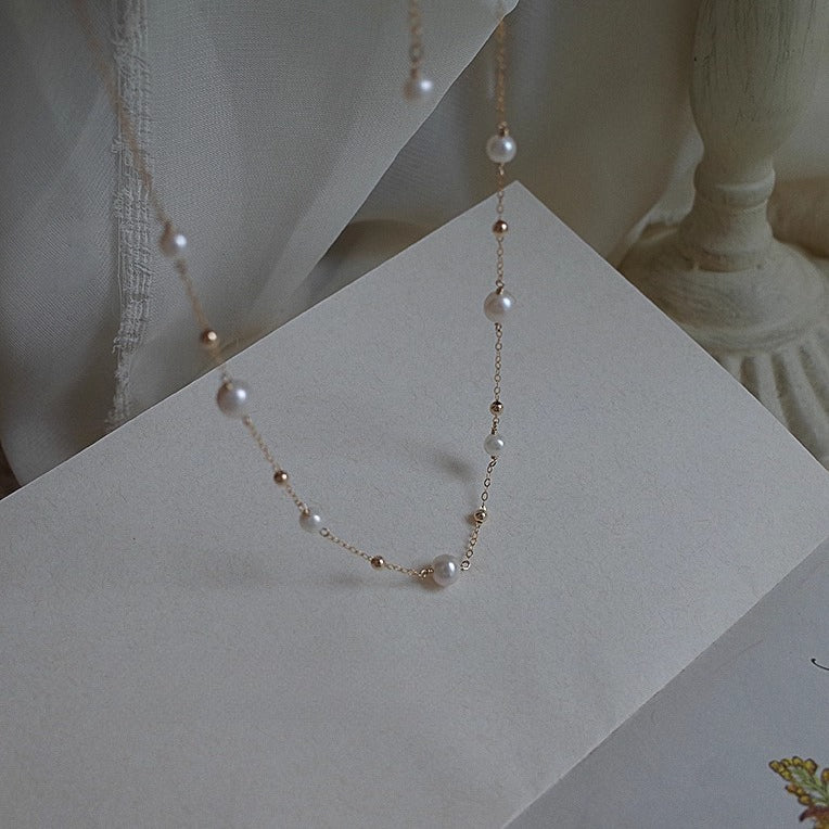 14K Gold Freshwater Pearl Collarbone Chain - Retro Minimalist Style