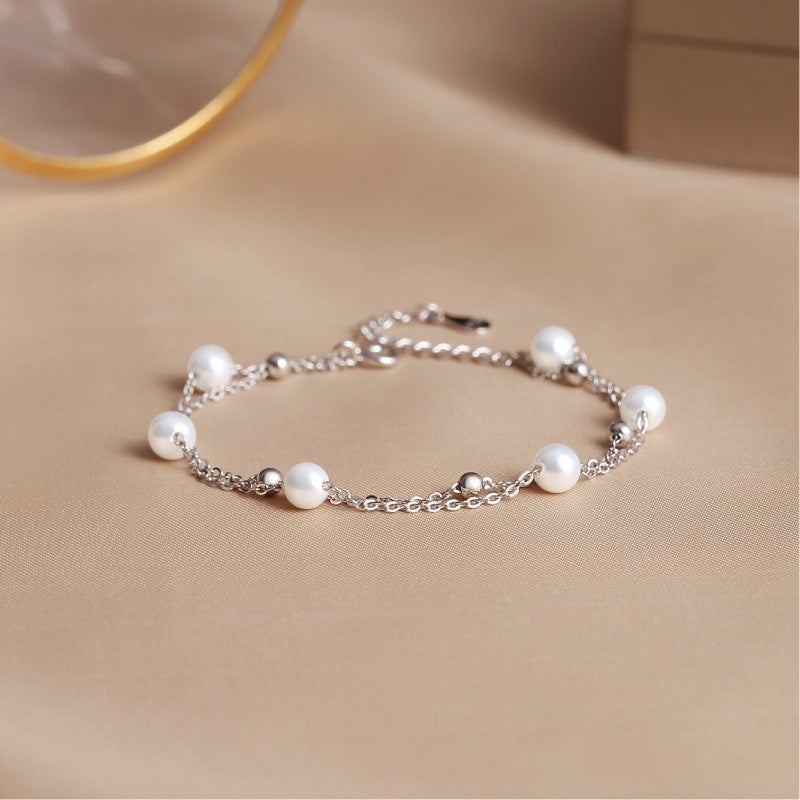 S925 Sterling Silver Starry Sky Layered Bracelet - Shell Pearl Double - Strand Bangle