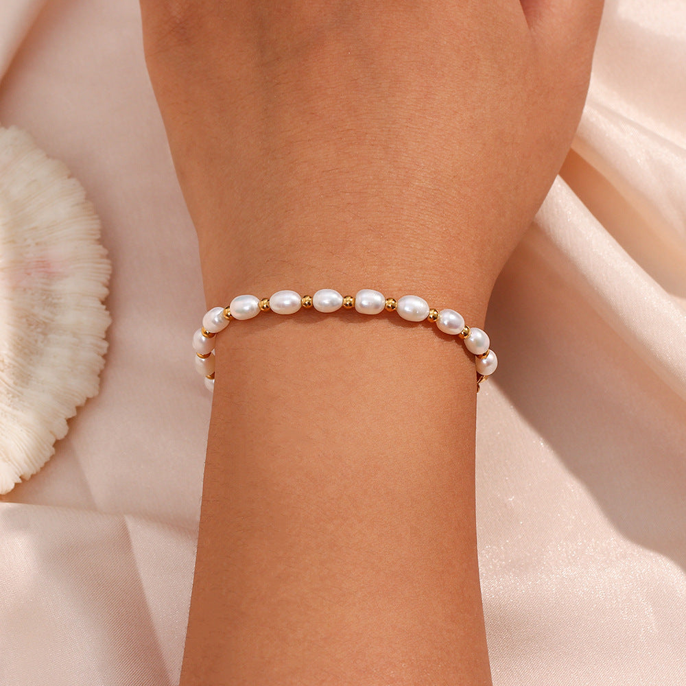 18K Gold Plated Stainless Steel - Pearl Spacer Bead Drawstring Bracelet