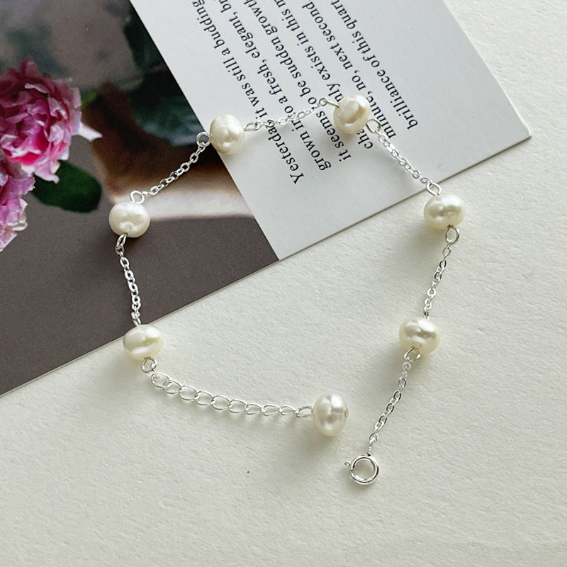 S925 Sterling Silver Natural Pearl Bracelet - Chain Tassel Design
