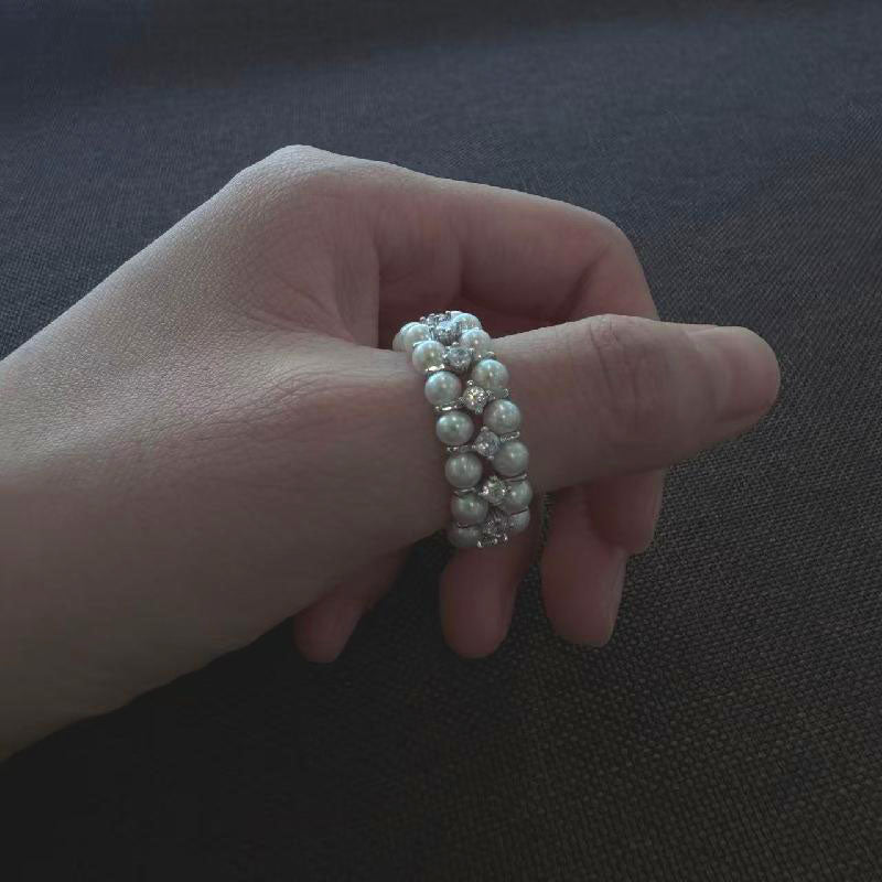 Double-layer zircon 3-4mm freshwater pearl romantic ring