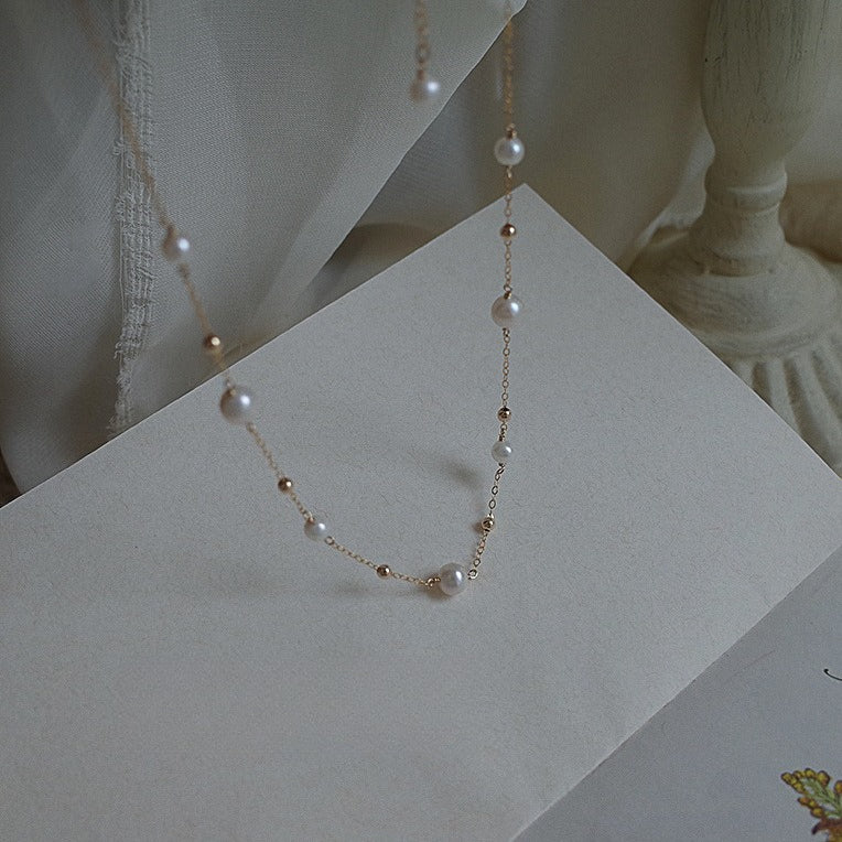14K Gold Freshwater Pearl Collarbone Chain - Retro Minimalist Style