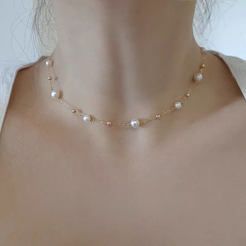 14K Gold Freshwater Pearl Collarbone Chain - Retro Minimalist Style