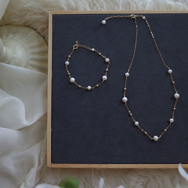 14K Gold Freshwater Pearl Collarbone Chain - Retro Minimalist Style