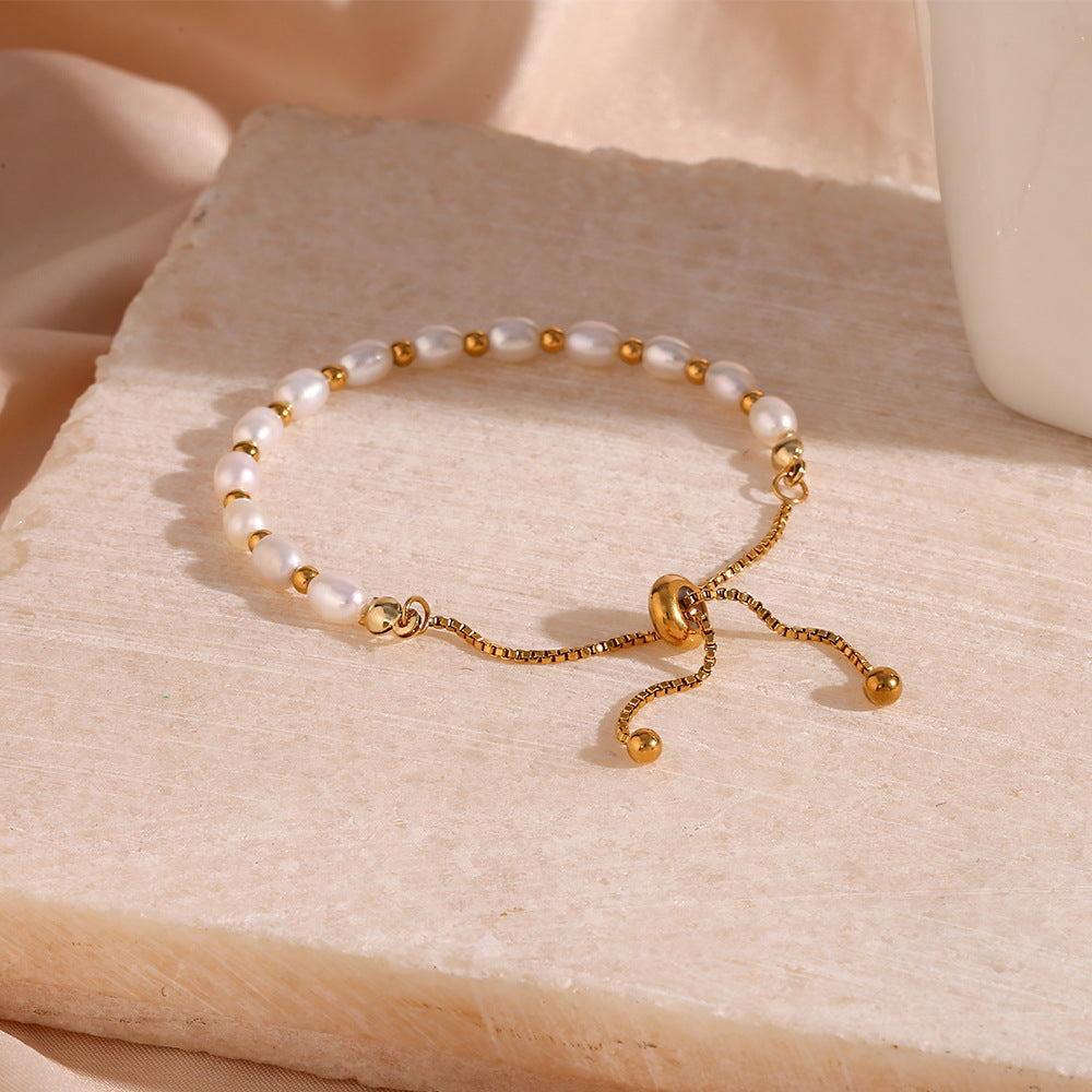 18K Gold Plated Stainless Steel - Pearl Spacer Bead Drawstring Bracelet