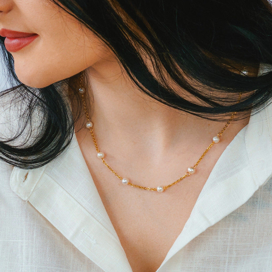 18K Gold Plated Titanium Steel - Tarnish Resistant Natural Freshwater Pearl Necklace