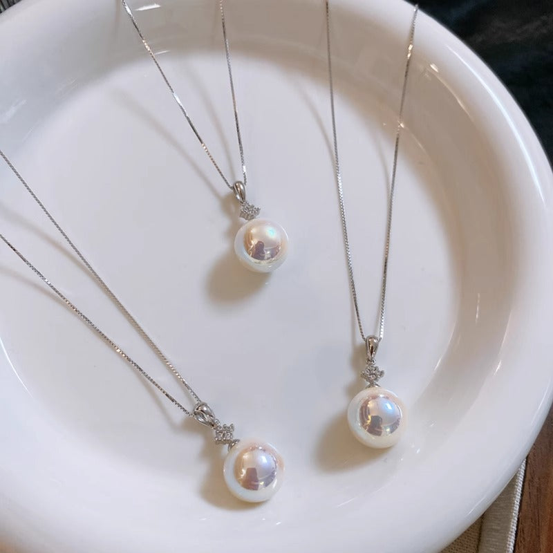 S925 Sterling Silver Box Chain - Round Swarovski Pearl Pendant Collarbone Necklace