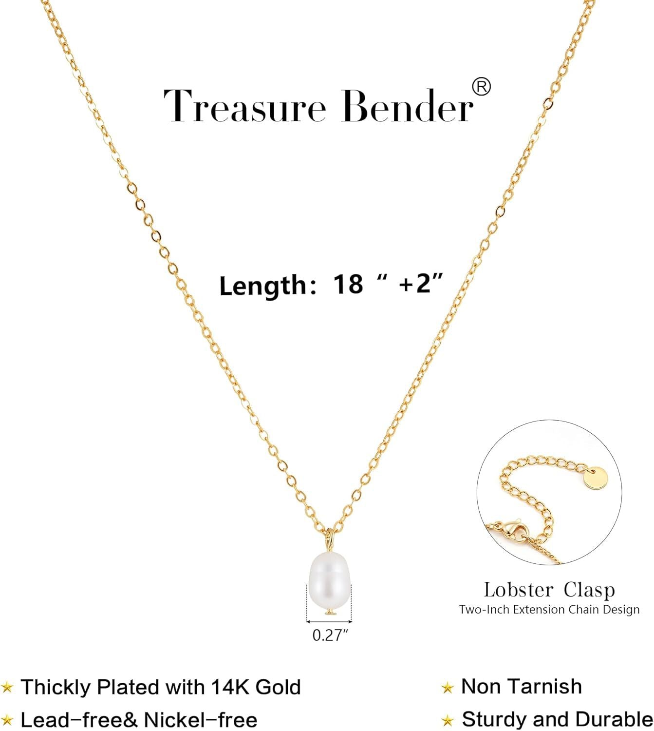 18K Gold Plated Stainless Steel - Pearl Pendant Necklace