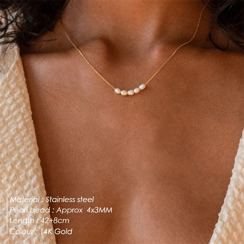 Minimalist Smile Pendant Necklace - Stainless Steel Baroque Freshwater Pearl Necklace for Women