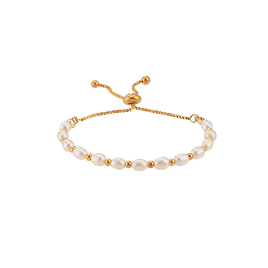 18K Gold Plated Stainless Steel - Pearl Spacer Bead Drawstring Bracelet