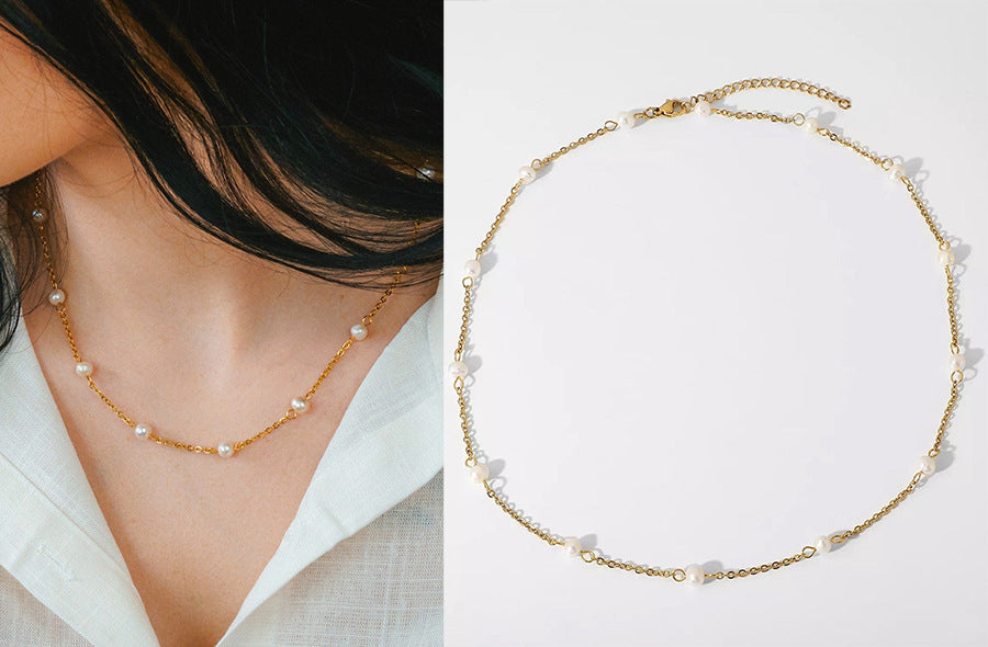 18K Gold Plated Titanium Steel - Tarnish Resistant Natural Freshwater Pearl Necklace