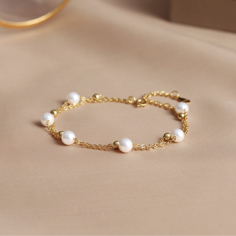 S925 Sterling Silver Starry Sky Layered Bracelet - Shell Pearl Double - Strand Bangle