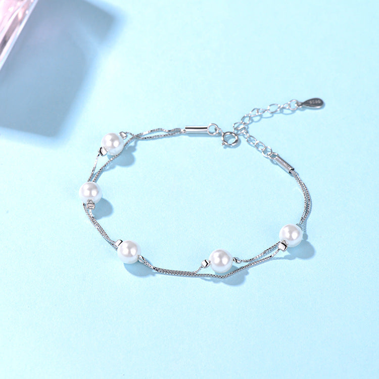 Double - layer Imitation Pearl Bracelet - 925 Sterling Silver Jewelry Perfect Gift for Best Friends