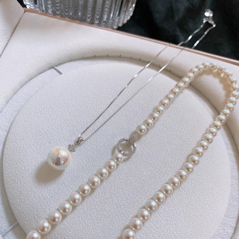 S925 Sterling Silver Box Chain - Round Swarovski Pearl Pendant Collarbone Necklace