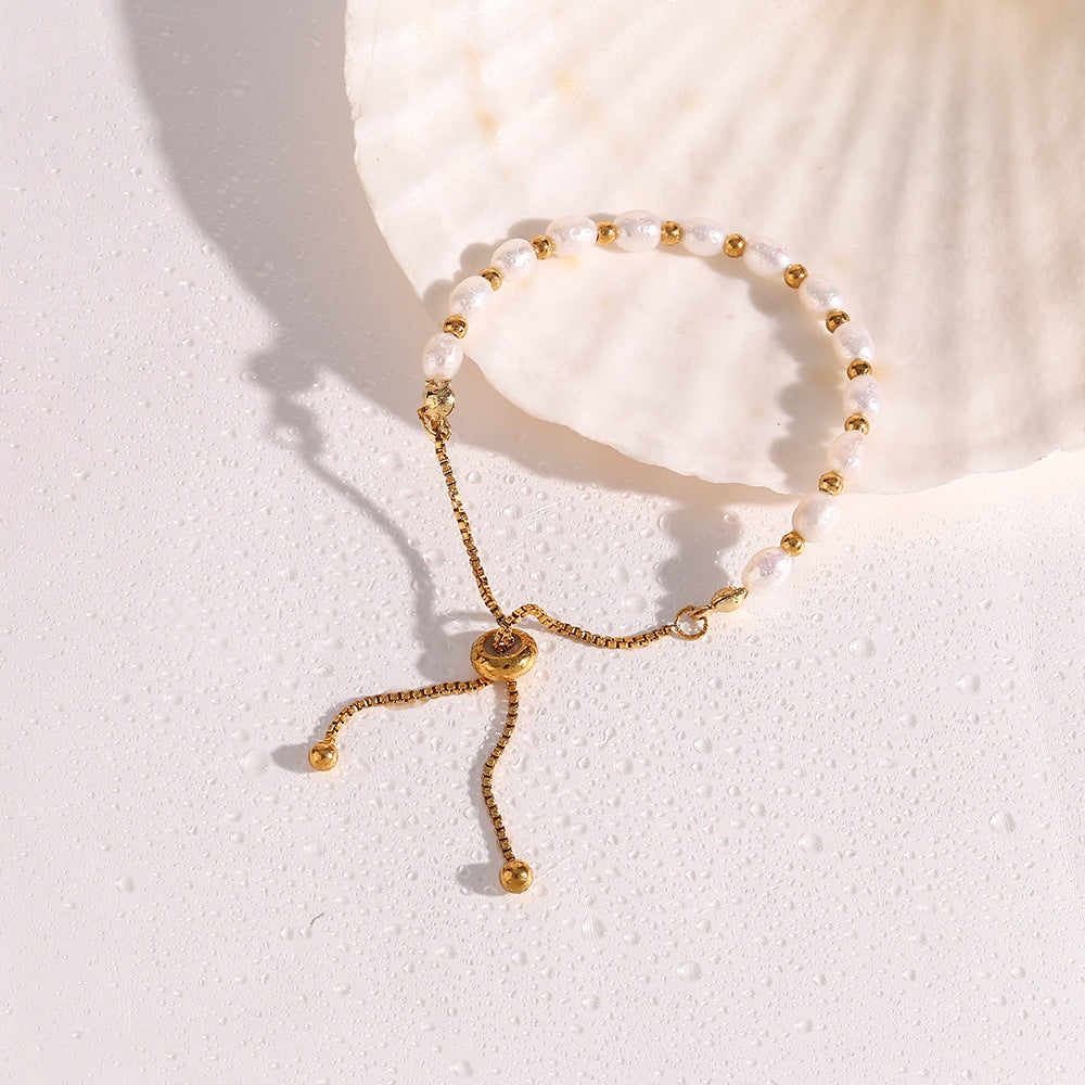 18K Gold Plated Stainless Steel - Pearl Spacer Bead Drawstring Bracelet