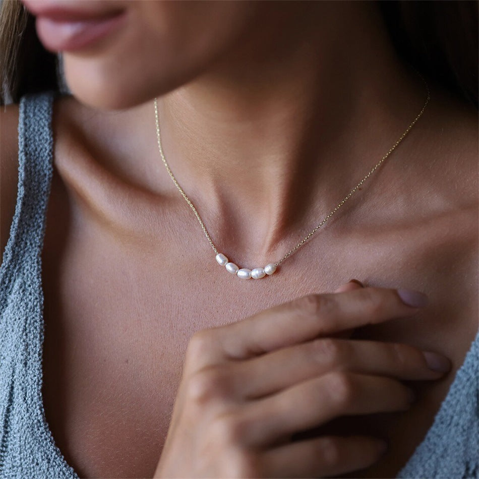 Minimalist Smile Pendant Necklace - Stainless Steel Baroque Freshwater Pearl Necklace for Women