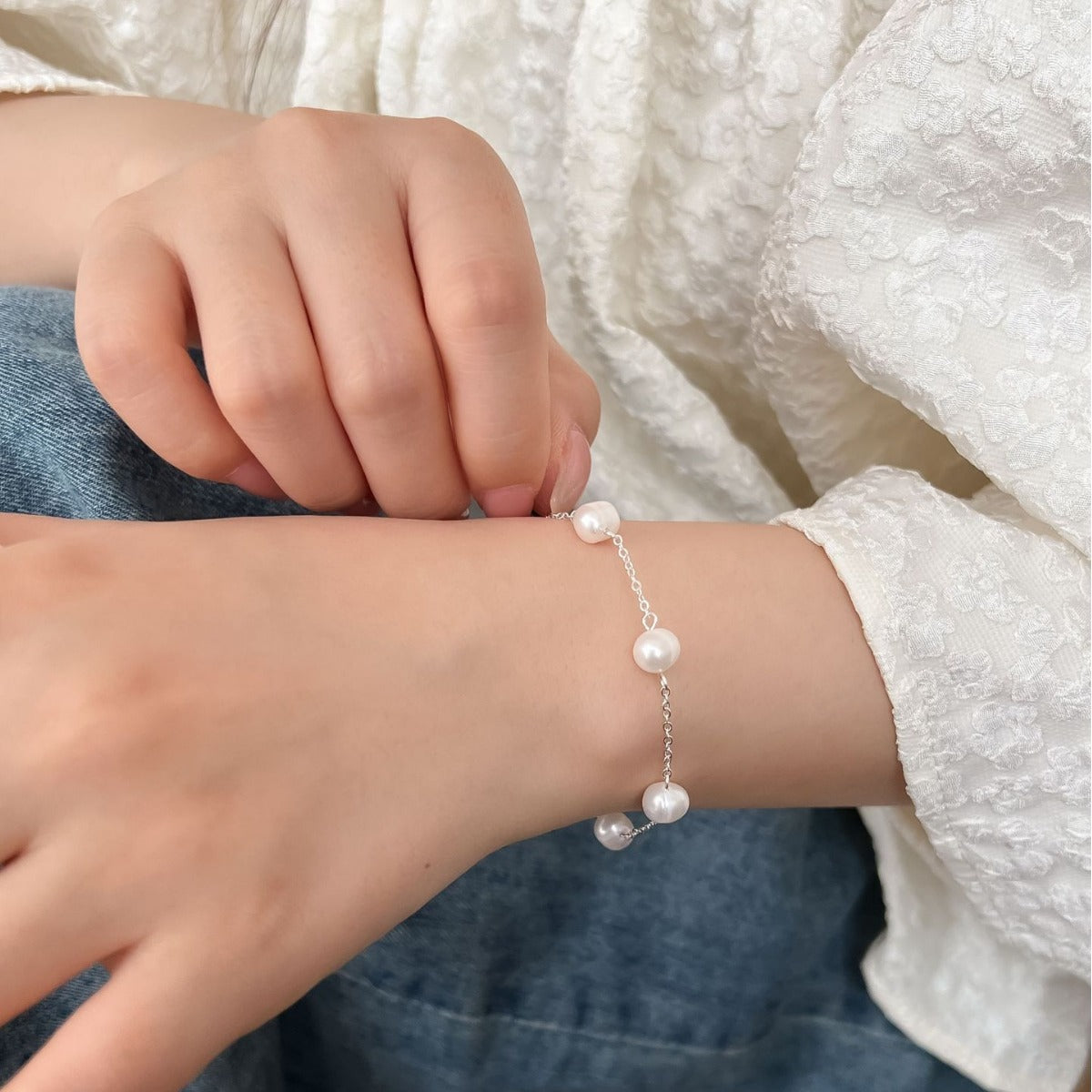 S925 Sterling Silver Natural Pearl Bracelet - Chain Tassel Design