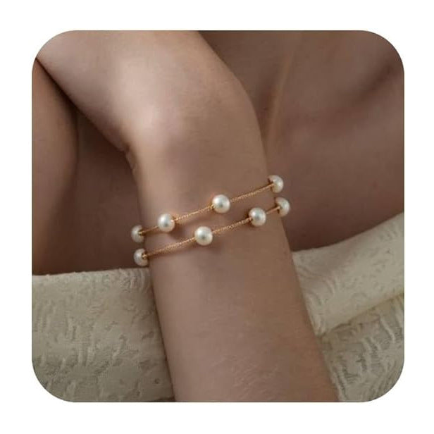 Women's Elegant Gold Pearl Bracelet - Dainty Layered Chain Jewelry Perfect Gift for Her