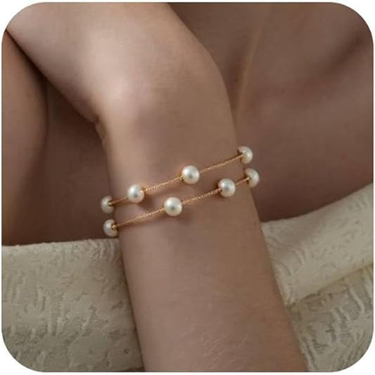 Women's Elegant Gold Pearl Bracelet - Dainty Layered Chain Jewelry Perfect Gift for Her