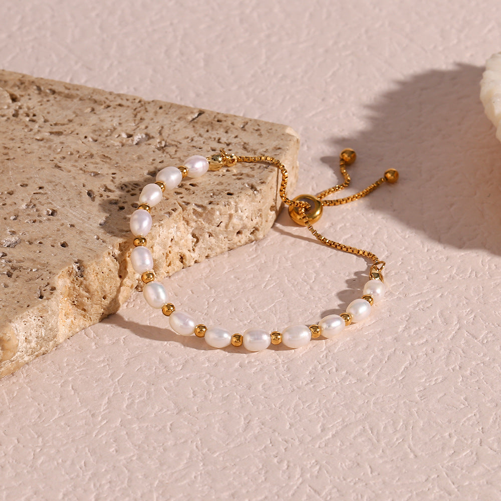 18K Gold Plated Stainless Steel - Pearl Spacer Bead Drawstring Bracelet