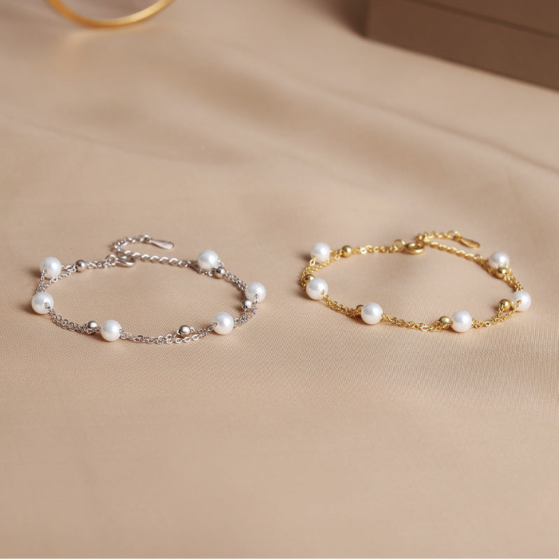 S925 Sterling Silver Starry Sky Layered Bracelet - Shell Pearl Double - Strand Bangle