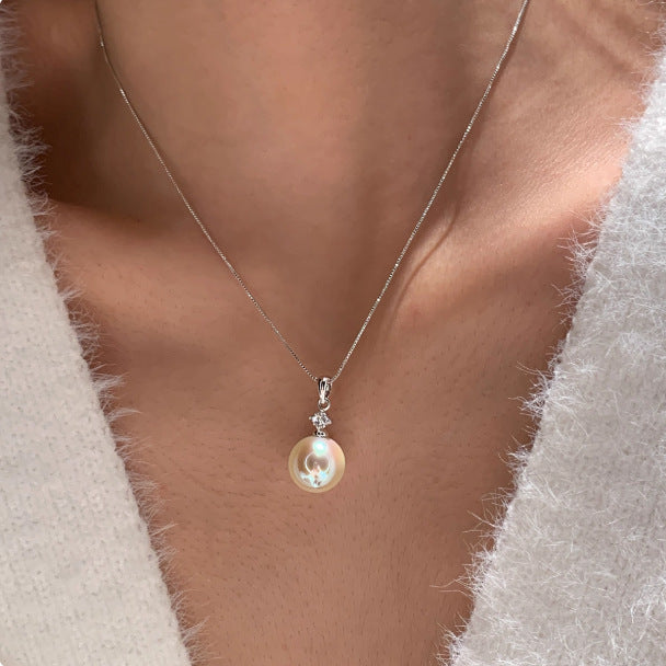 S925 Sterling Silver Box Chain - Round Swarovski Pearl Pendant Collarbone Necklace