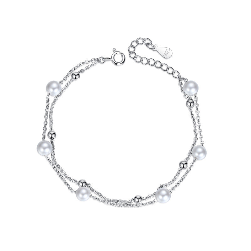 S925 Sterling Silver Starry Sky Layered Bracelet - Shell Pearl Double - Strand Bangle