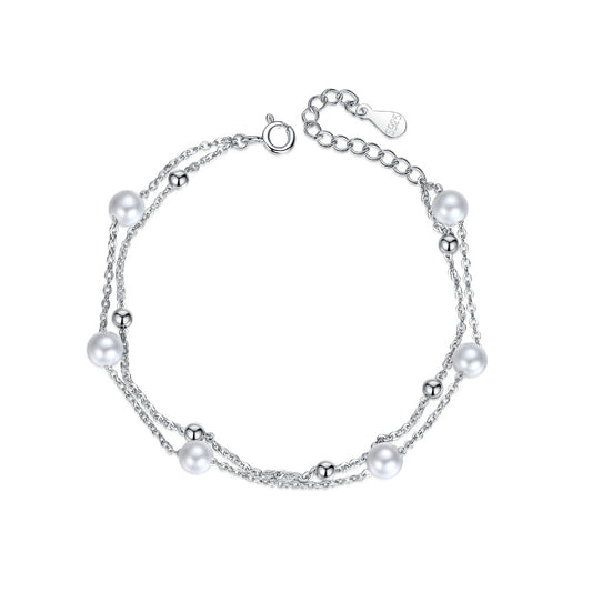 S925 Sterling Silver Starry Sky Layered Bracelet - Shell Pearl Double - Strand Bangle