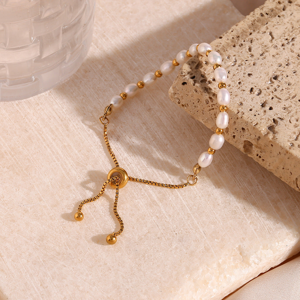 18K Gold Plated Stainless Steel - Pearl Spacer Bead Drawstring Bracelet