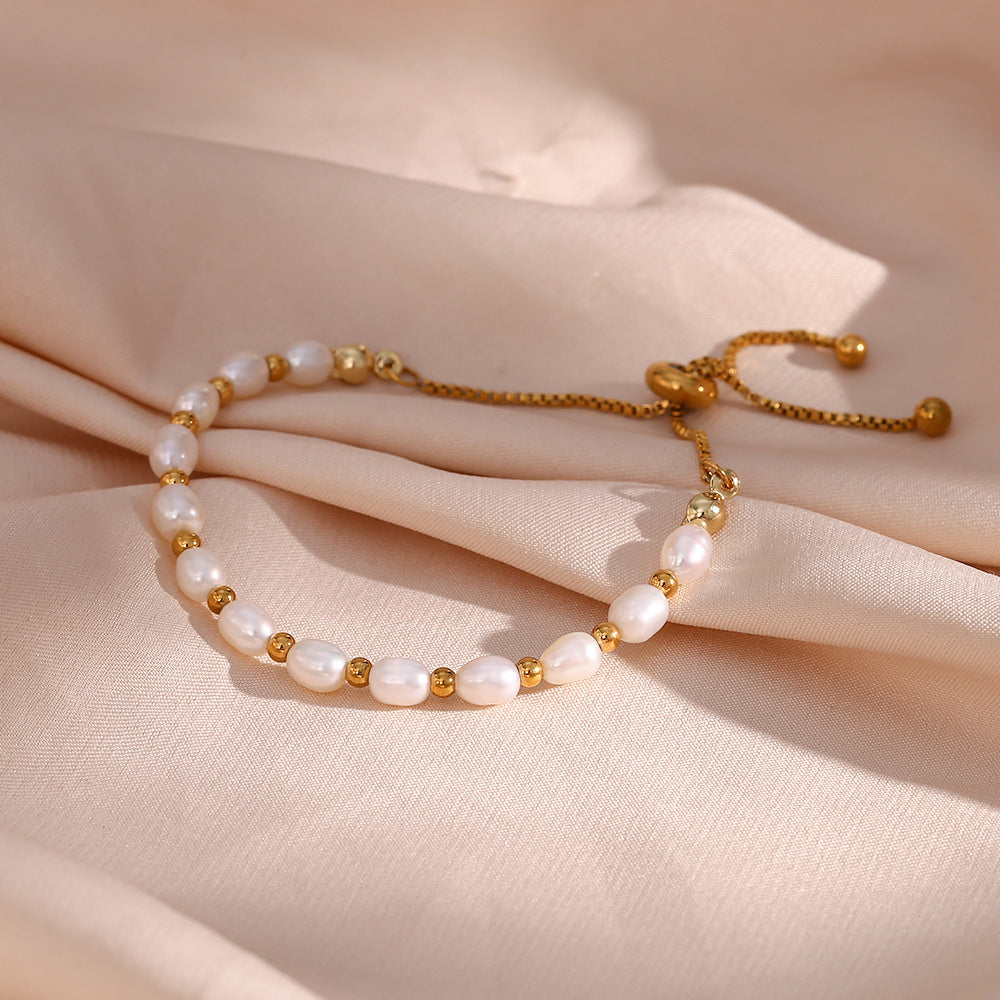 18K Gold Plated Stainless Steel - Pearl Spacer Bead Drawstring Bracelet