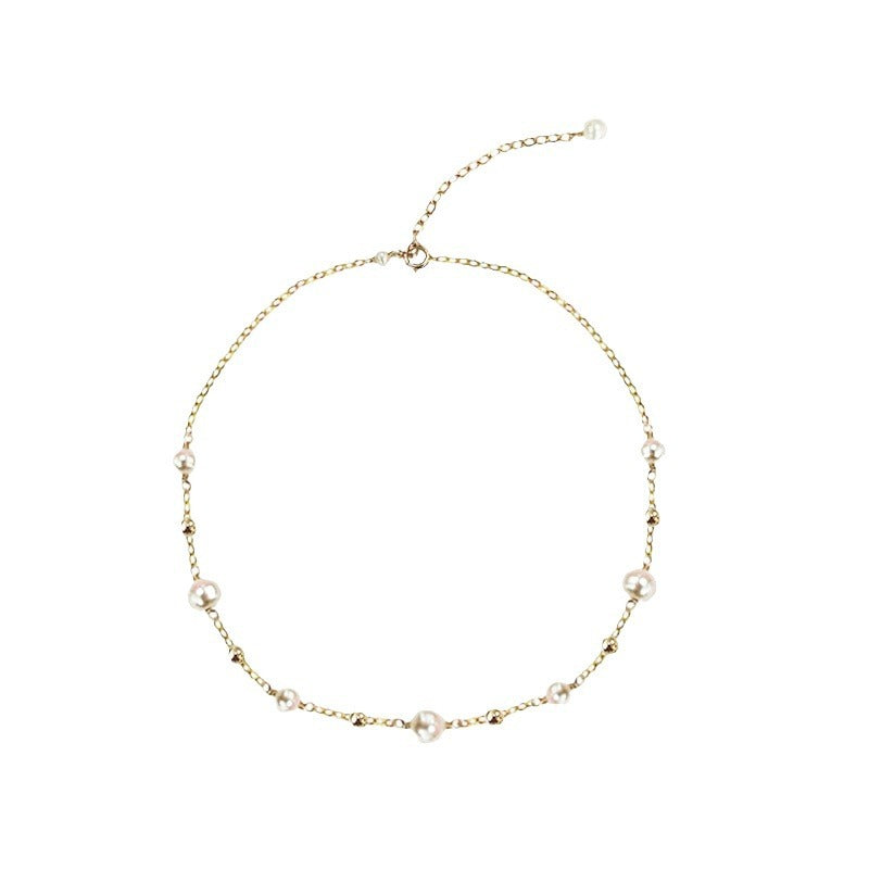 14K Gold Freshwater Pearl Collarbone Chain - Retro Minimalist Style