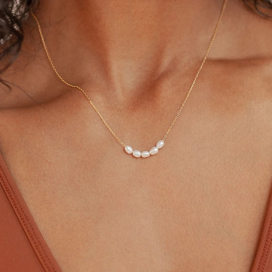 Minimalist Smile Pendant Necklace - Stainless Steel Baroque Freshwater Pearl Necklace for Women