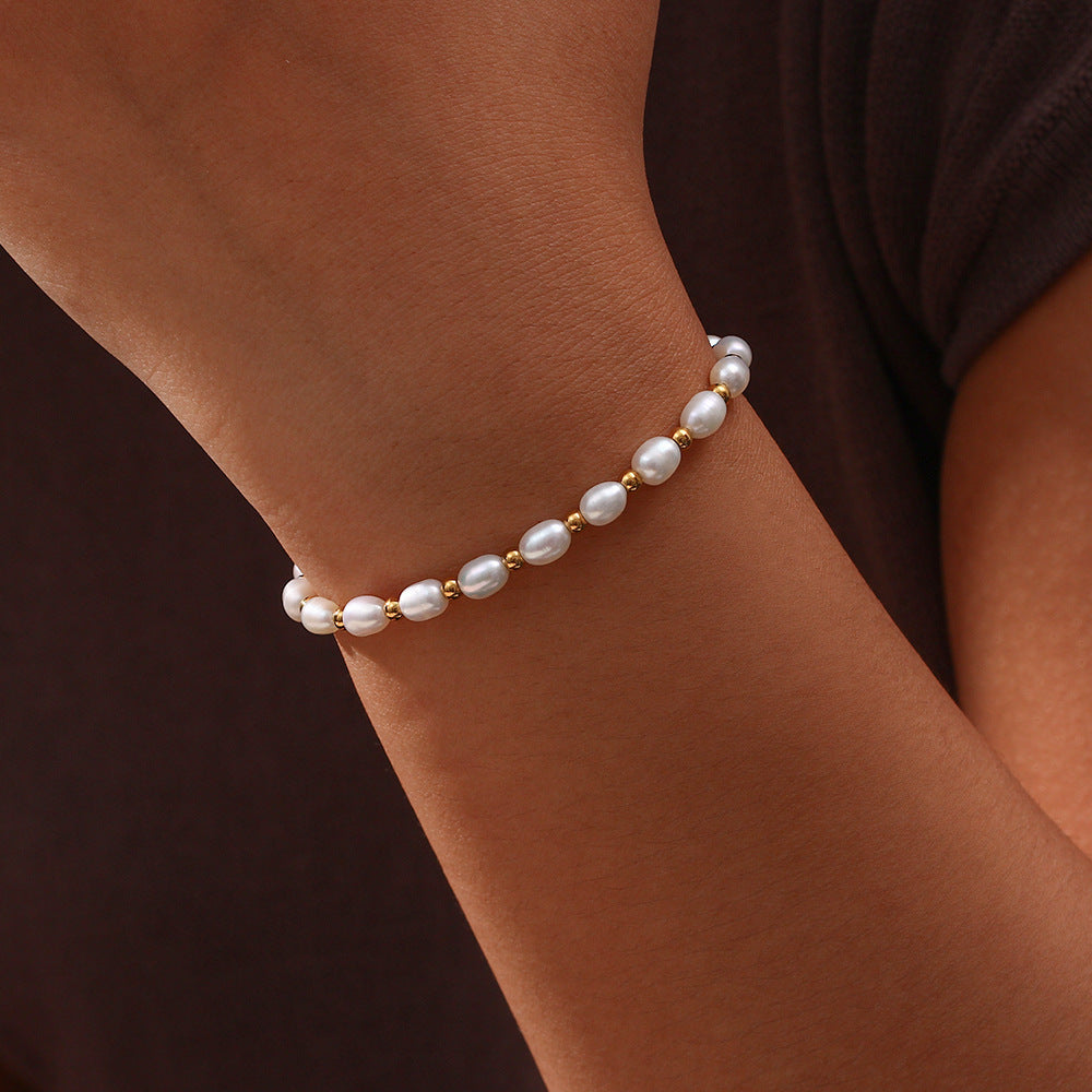 18K Gold Plated Stainless Steel - Pearl Spacer Bead Drawstring Bracelet
