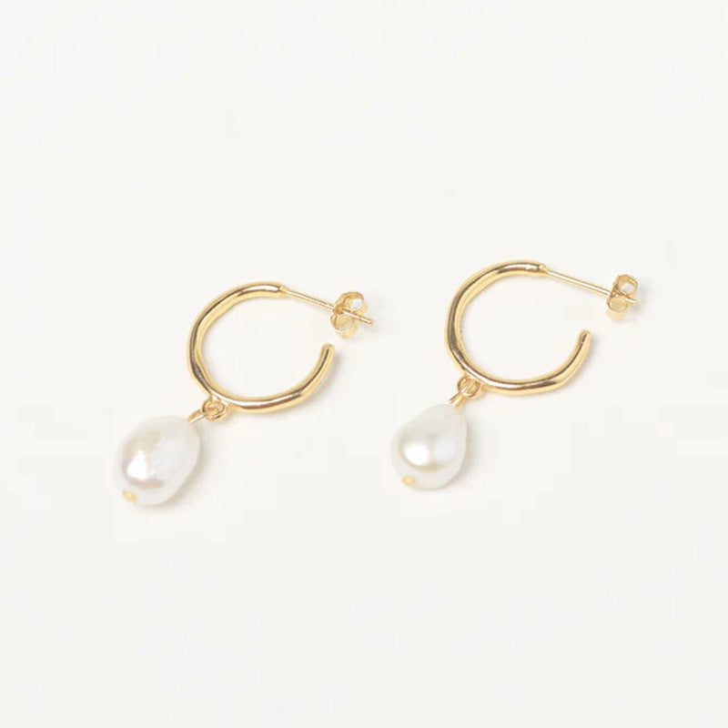 Baroque Pearl Drop Studs - Titanium Steel Vacuum Plated Natural Freshwater Pearl Earrings