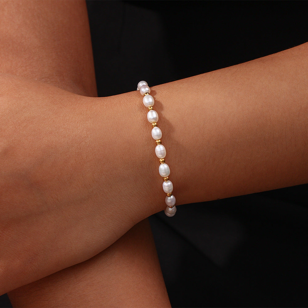 18K Gold Plated Stainless Steel - Pearl Spacer Bead Drawstring Bracelet