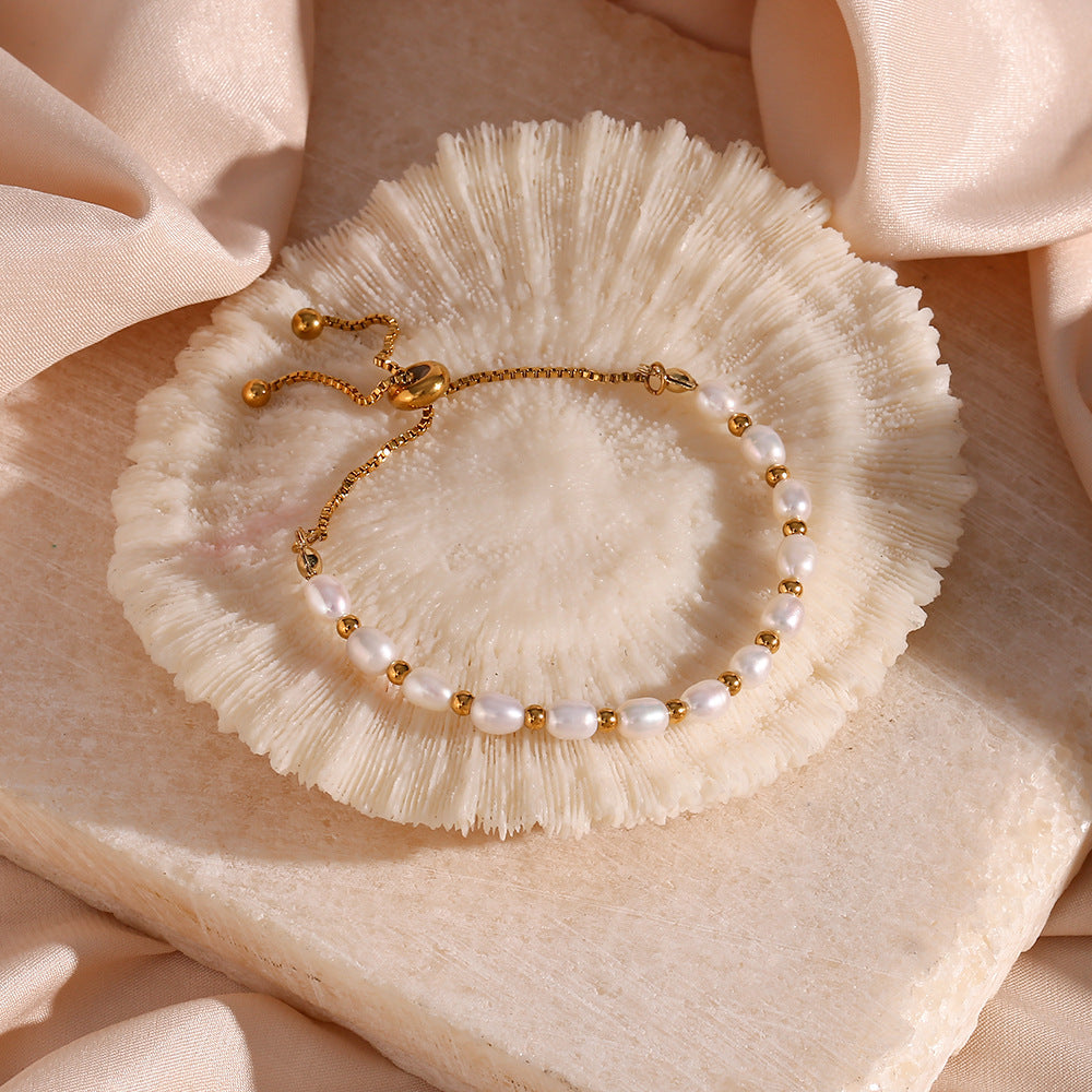 18K Gold Plated Stainless Steel - Pearl Spacer Bead Drawstring Bracelet