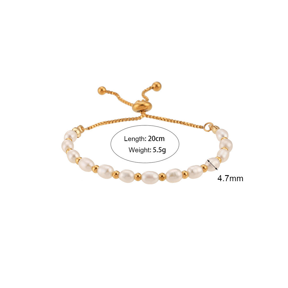 18K Gold Plated Stainless Steel - Pearl Spacer Bead Drawstring Bracelet