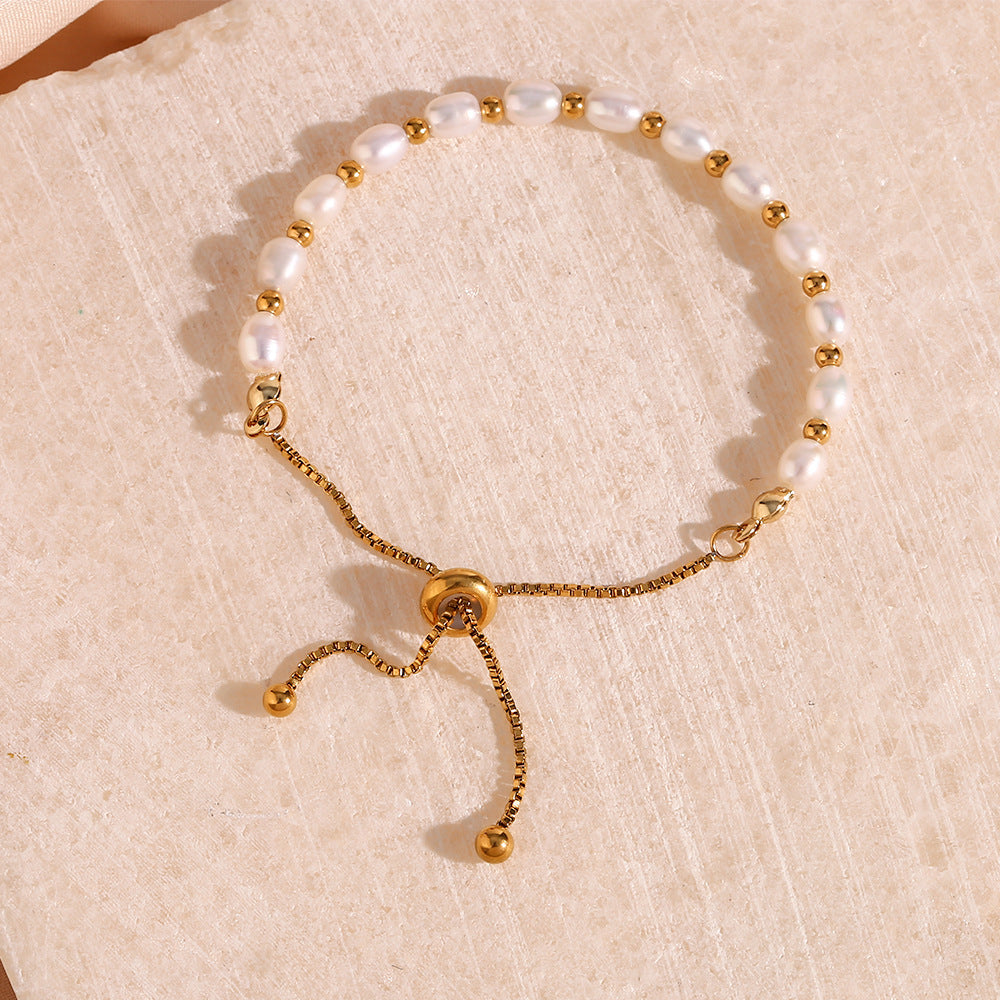 18K Gold Plated Stainless Steel - Pearl Spacer Bead Drawstring Bracelet