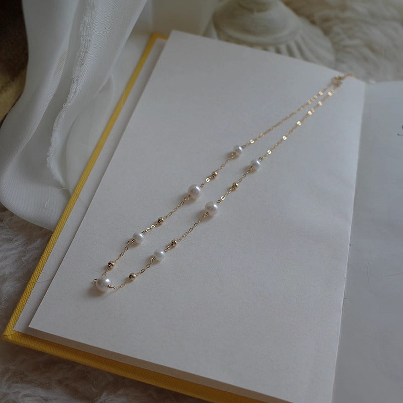 14K Gold Freshwater Pearl Collarbone Chain - Retro Minimalist Style